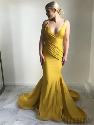 Spaghetti V-neck Prom Dresses, Yellow Mermaid Prom Dresses, Popular Prom Dresses, PD0691