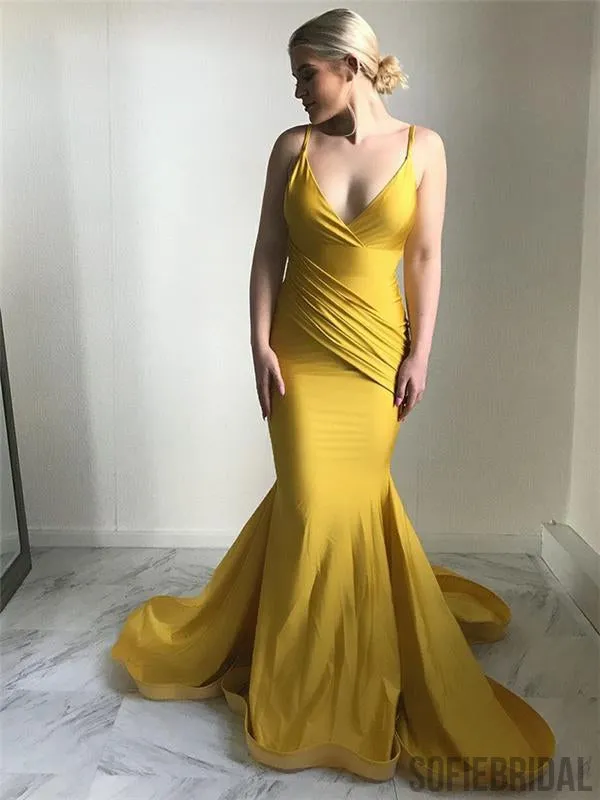 Spaghetti V-neck Prom Dresses, Yellow Mermaid Prom Dresses, Popular Prom Dresses, PD0691