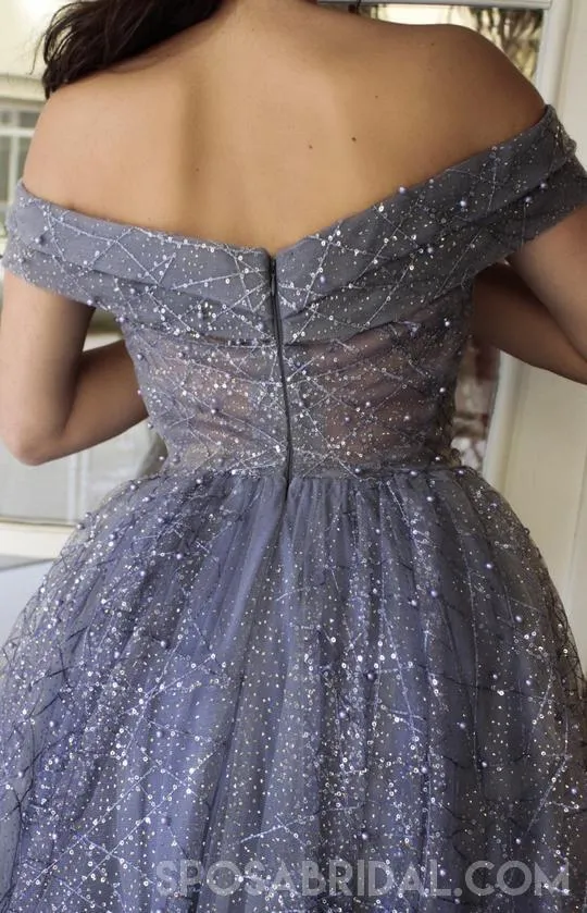 Sparkly Shinning Blue Sequin Off the Shoulder Long A Line Prom Dresses, Evening Dress, PD1136