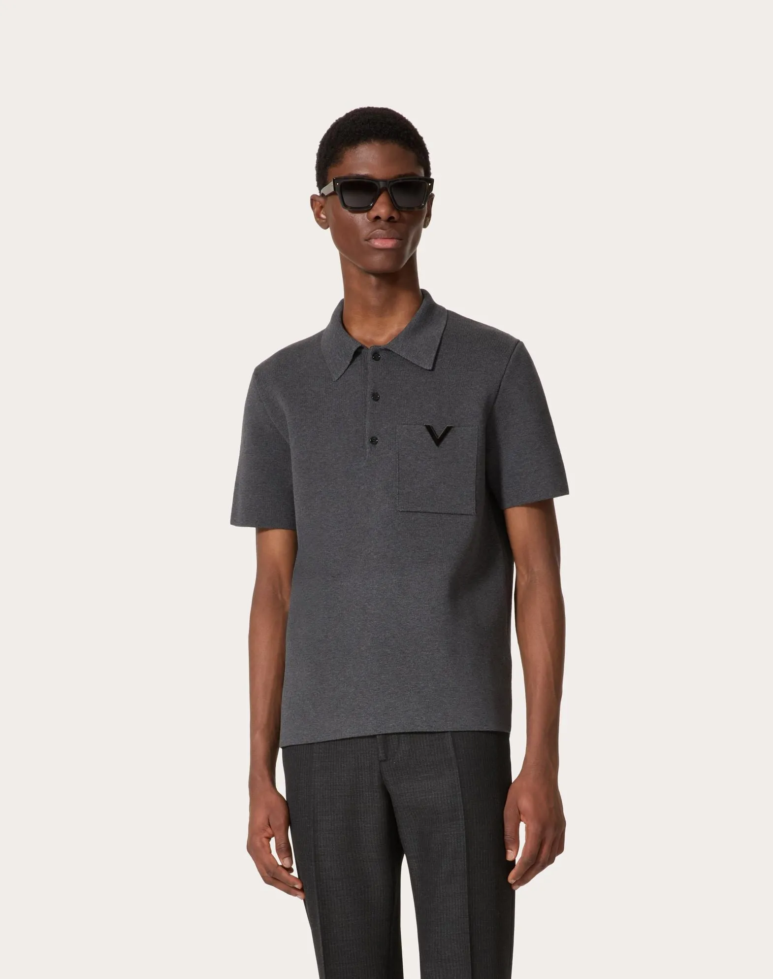 Stretch Cotton Polo Shirt With Metallic V Detail