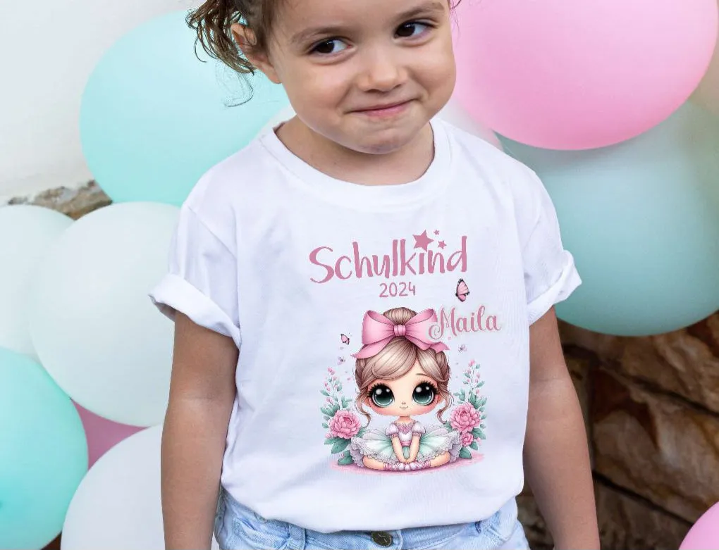 T-Shirt Schulkind Ballerina mit Name personalisiert Mädchen Einschulungsshirt Einschulung erste Klasse Geschenk