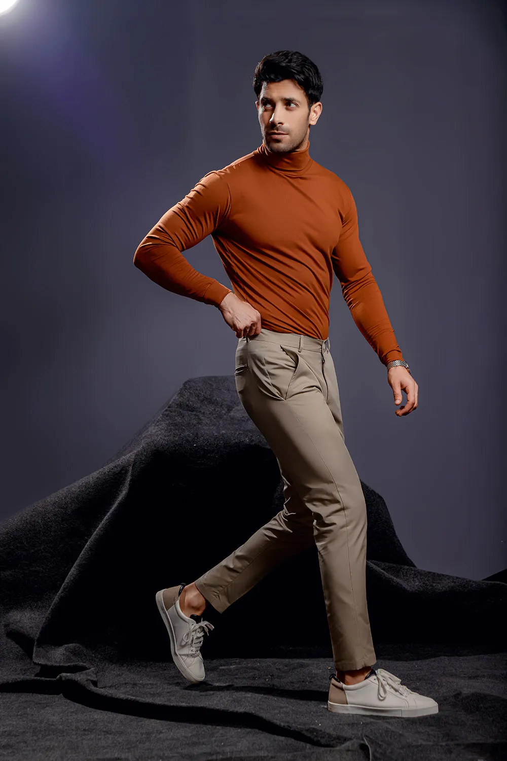 Tan Full Sleeves Turtle Neck