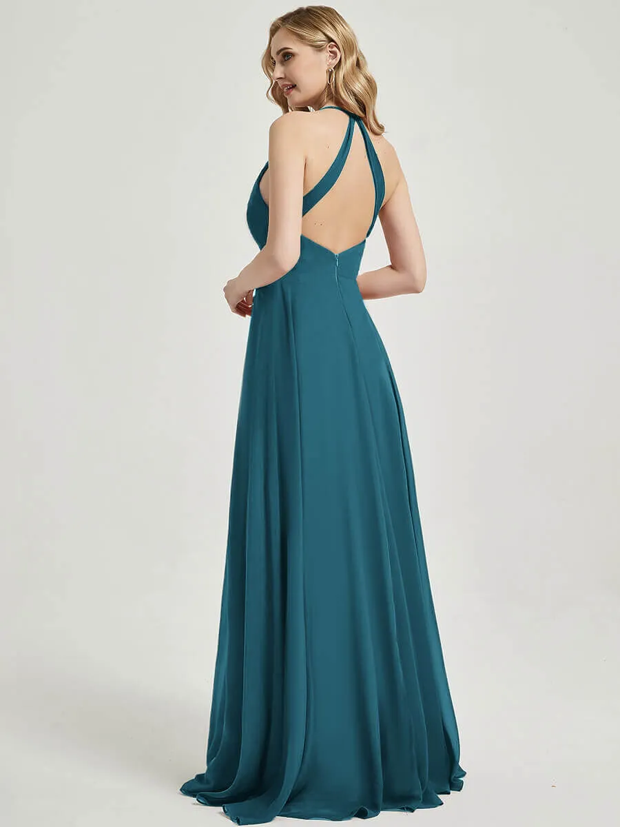 Teal Pleated Halter V-Neck Backless A-Line Chiffon Bridesmaid Dress