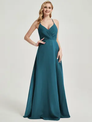 Teal Pleated Halter V-Neck Backless A-Line Chiffon Bridesmaid Dress