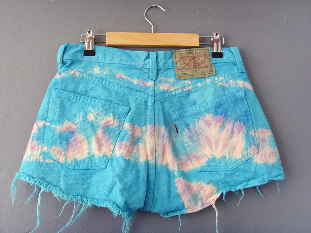Tie Dye Denim Shorts, Aqua Blue Jean Cut Offs, 30 Waist