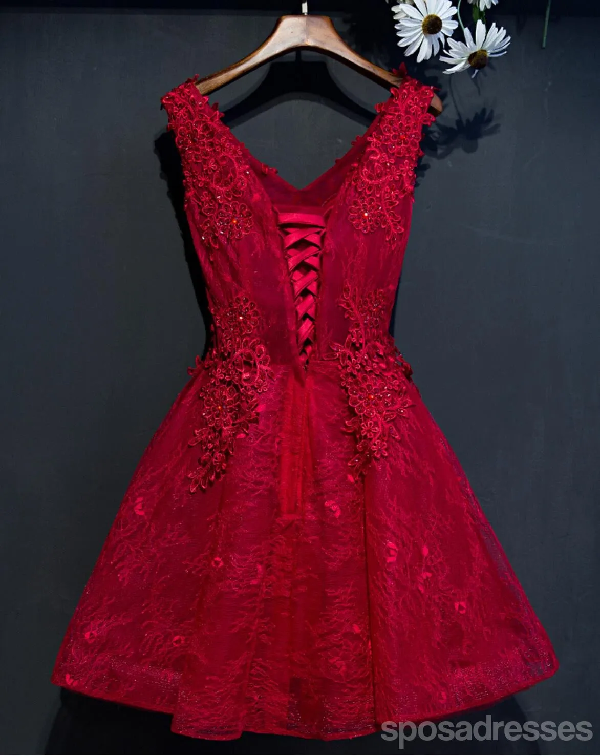 Two Straps Red Lace Heavily Beaded Homecoming Prom Dresses, Cheap Homecoming Dresses, CM265