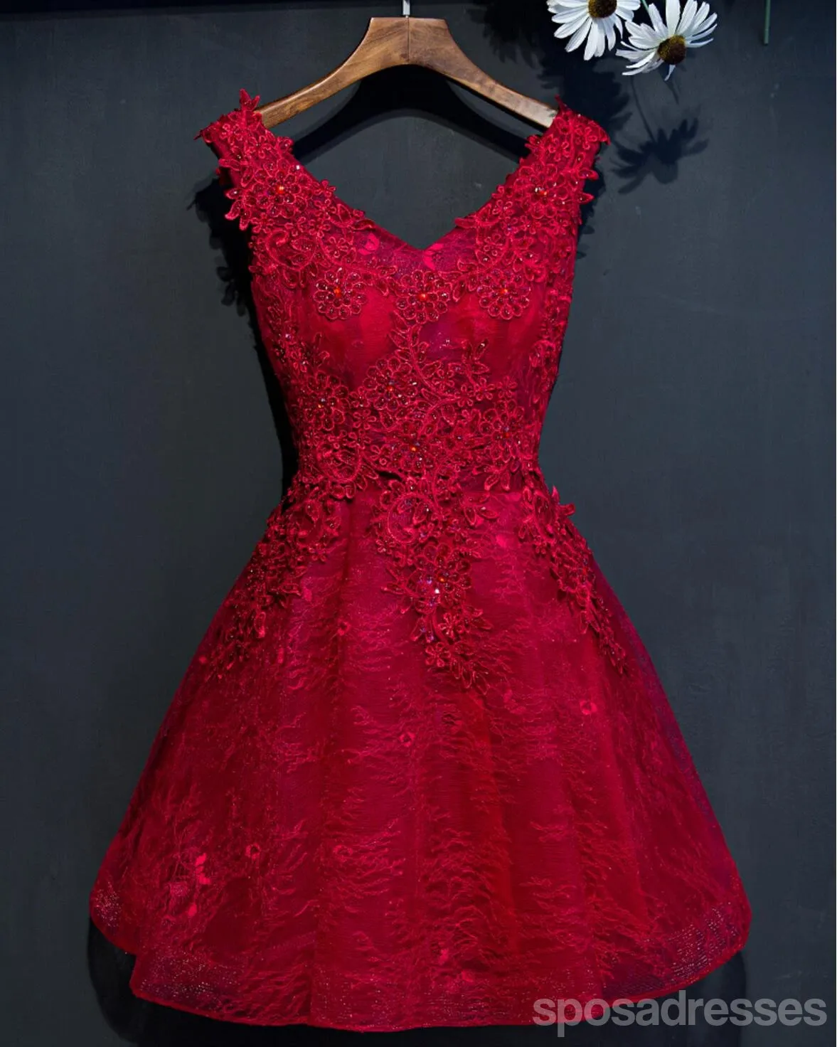 Two Straps Red Lace Heavily Beaded Homecoming Prom Dresses, Cheap Homecoming Dresses, CM265