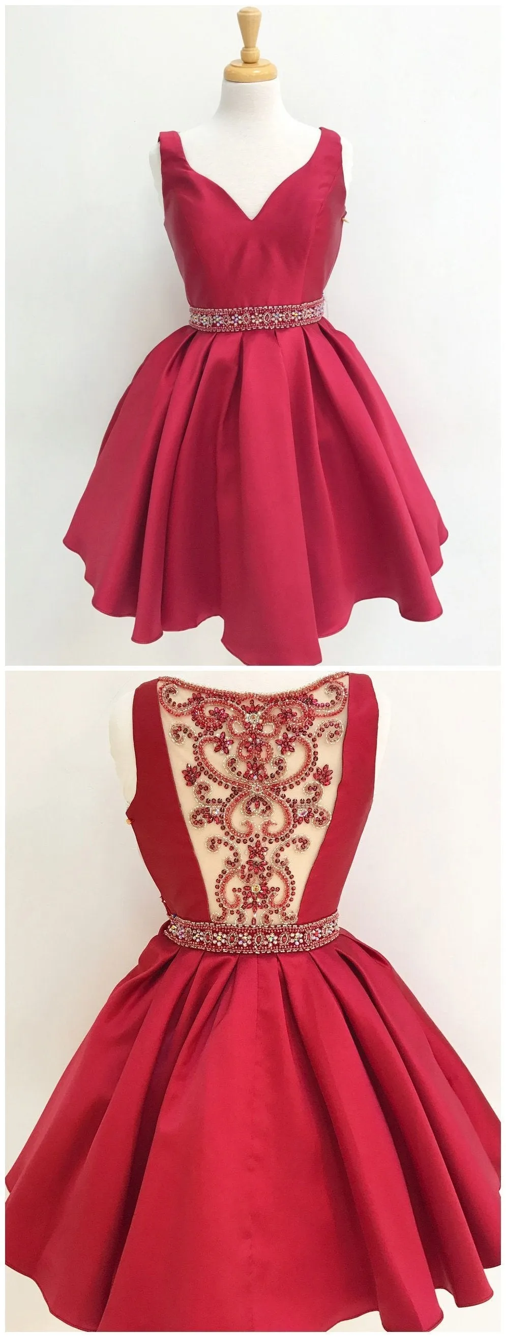 V Neck Red See Through Beading Custom Cheap Homecoming Dresses 2018, BDY0229