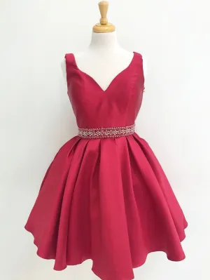 V Neck Red See Through Beading Custom Cheap Homecoming Dresses 2018, BDY0229
