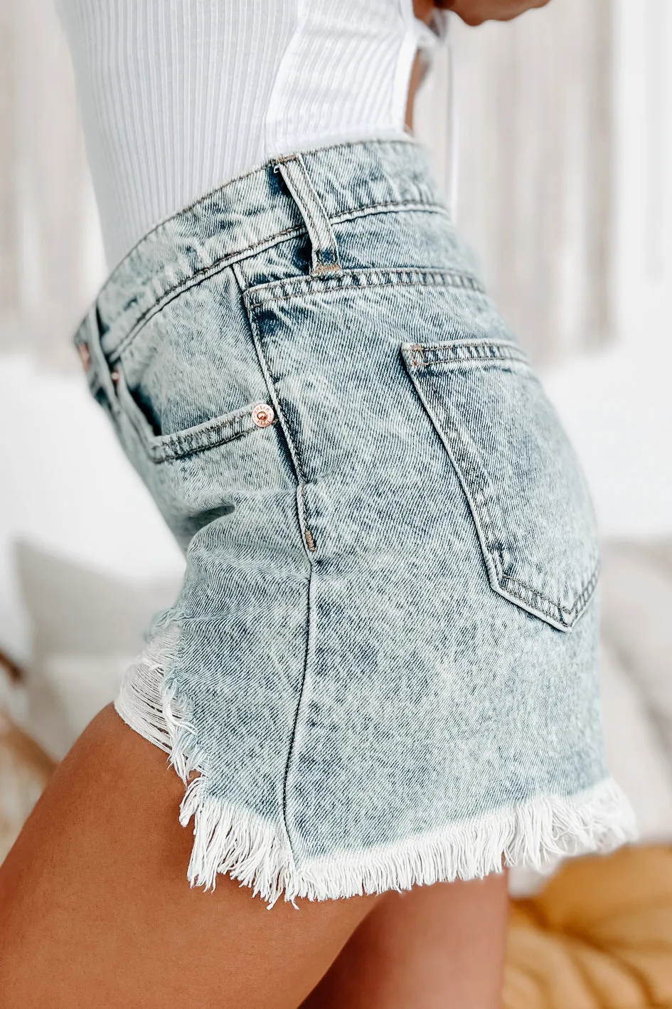 Vintage Girl High Rise Distressed Sneak Peek Vintage Acid Wash Shorts (Light)