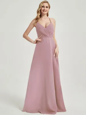 Vintage Mauve Pleated Halter V-Neck Backless Chiffon Bridesmaid Dress