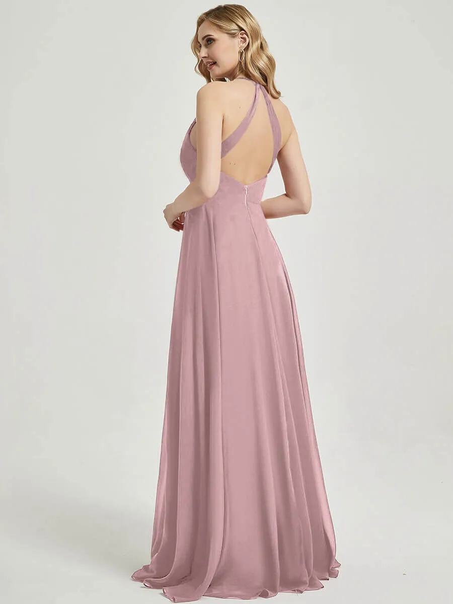 Vintage Mauve Pleated Halter V-Neck Backless Chiffon Bridesmaid Dress