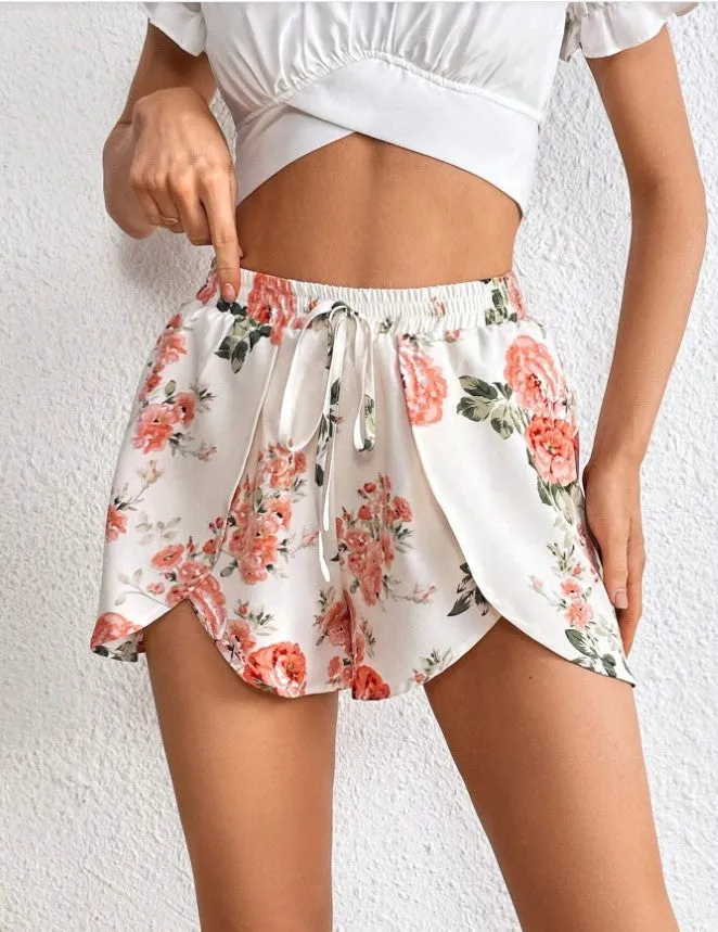 White Printed Shorts With Front Overlap Detail