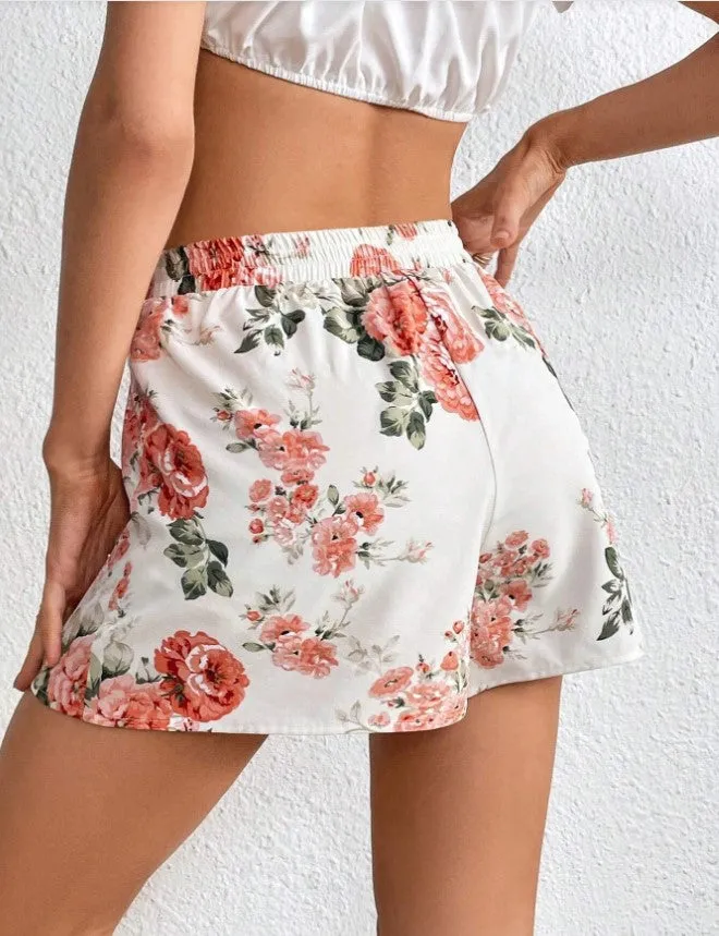 White Printed Shorts With Front Overlap Detail