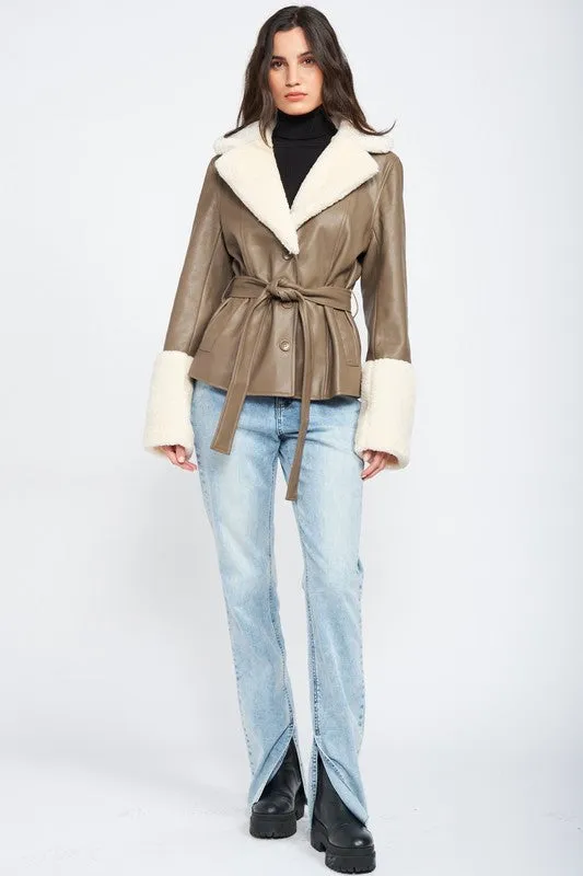 Whole Lotta Love Belted Faux Shearing Trimmed Jacket