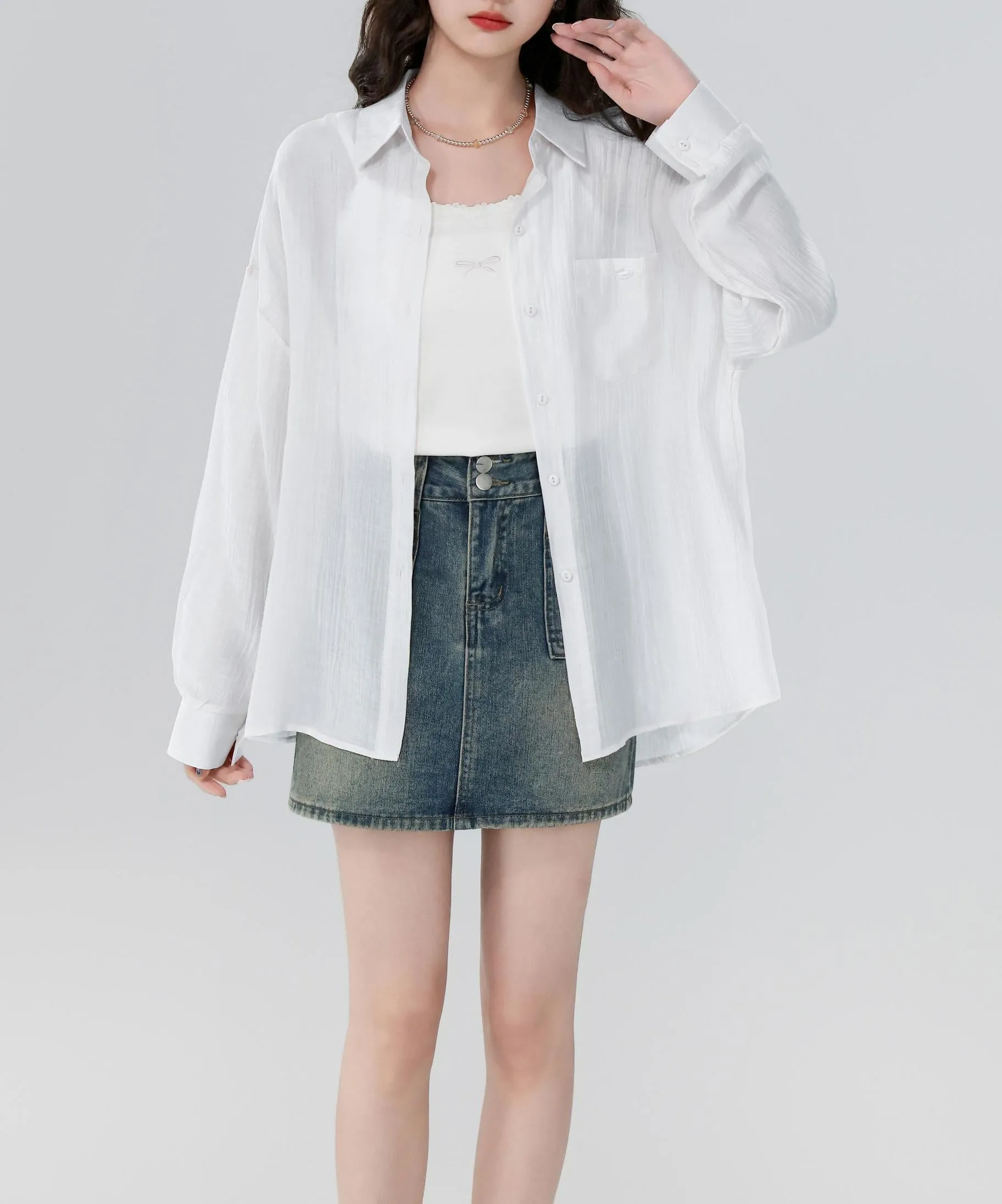 Women's Stylish Long Sleeve Boyfriend Shirt with Patch Pocket and Embroidery