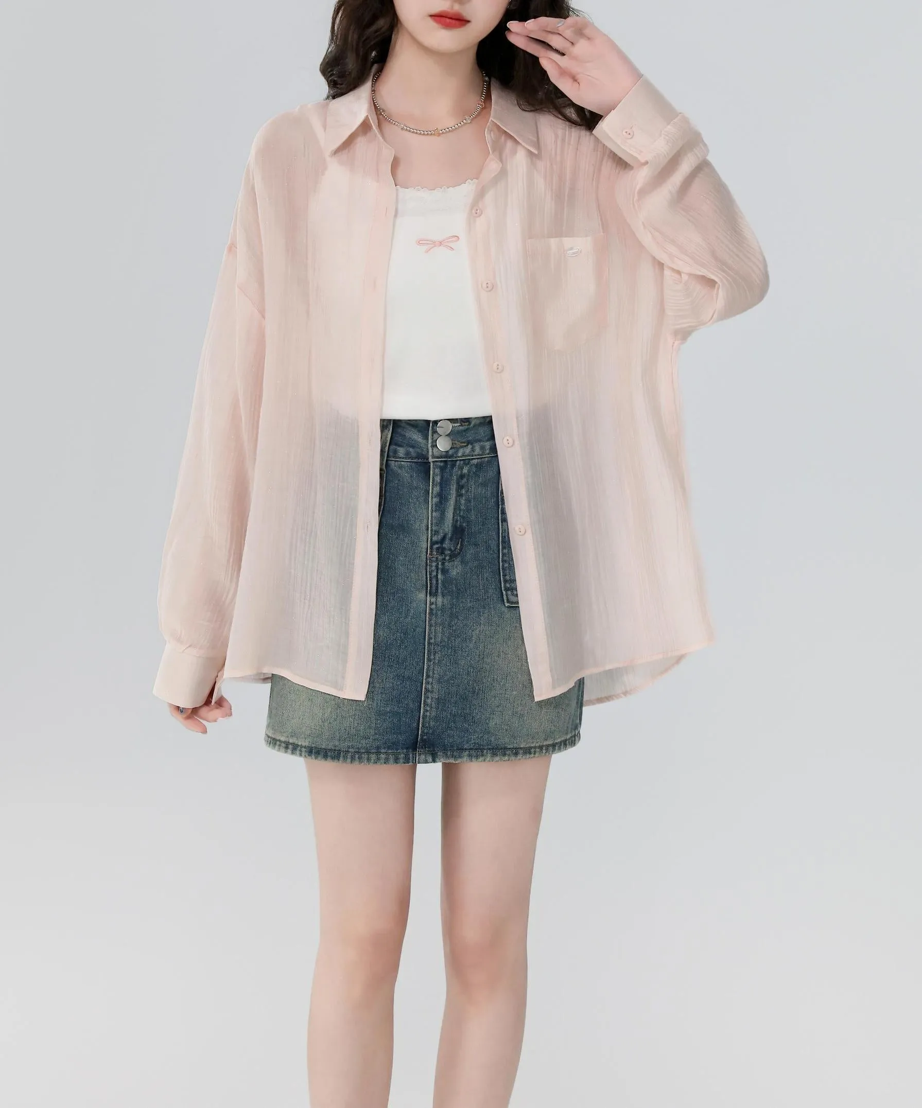 Women's Stylish Long Sleeve Boyfriend Shirt with Patch Pocket and Embroidery
