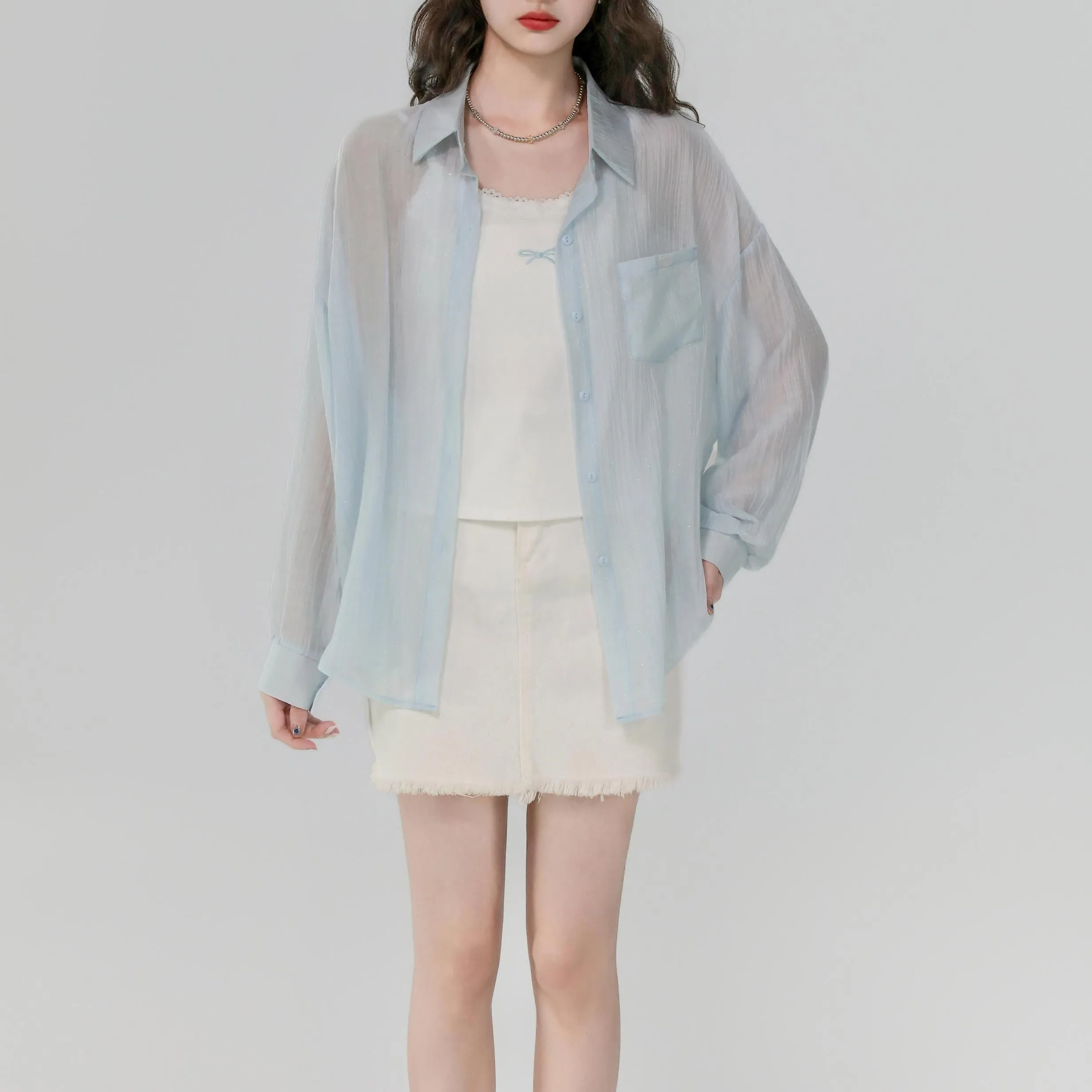 Women's Stylish Long Sleeve Boyfriend Shirt with Patch Pocket and Embroidery