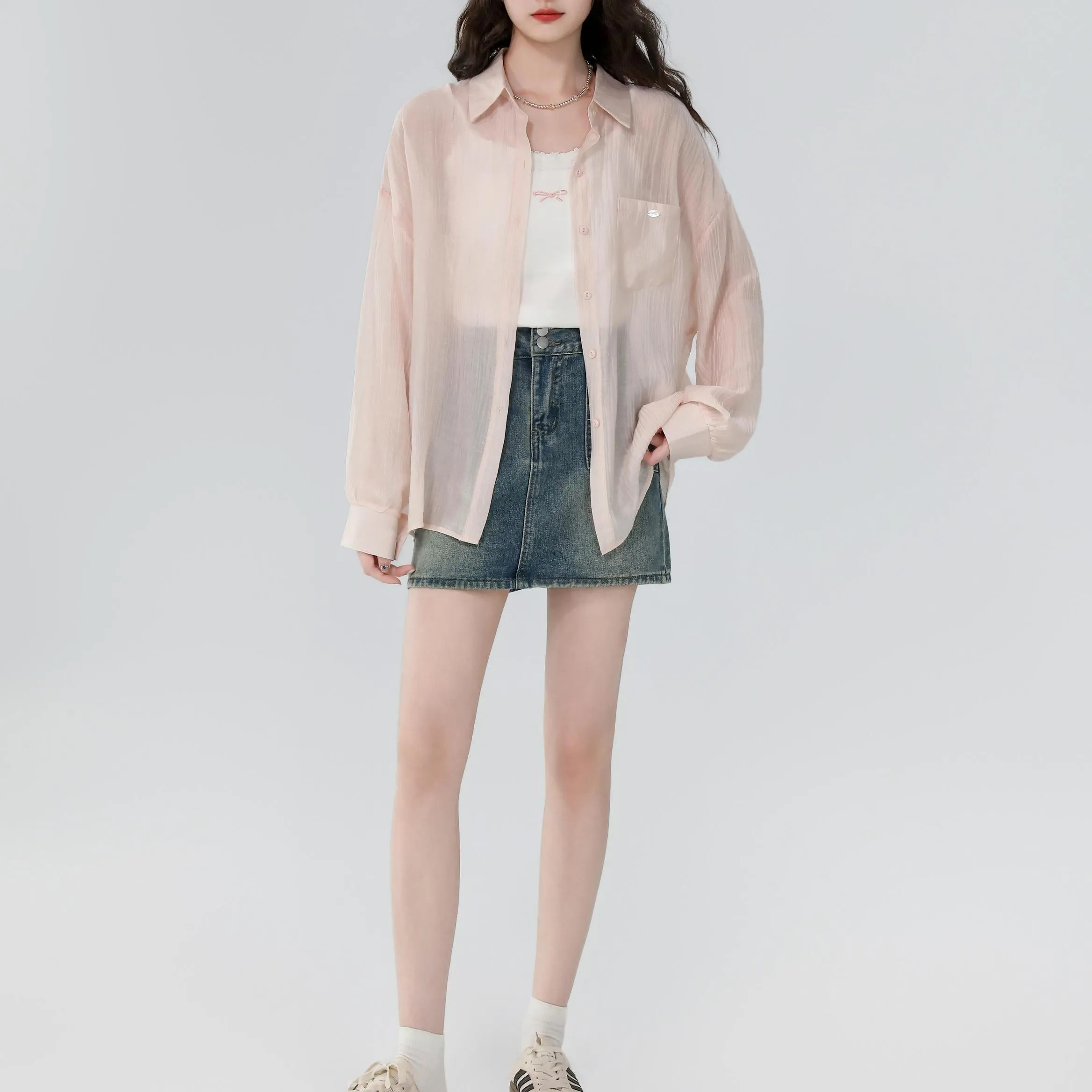 Women's Stylish Long Sleeve Boyfriend Shirt with Patch Pocket and Embroidery
