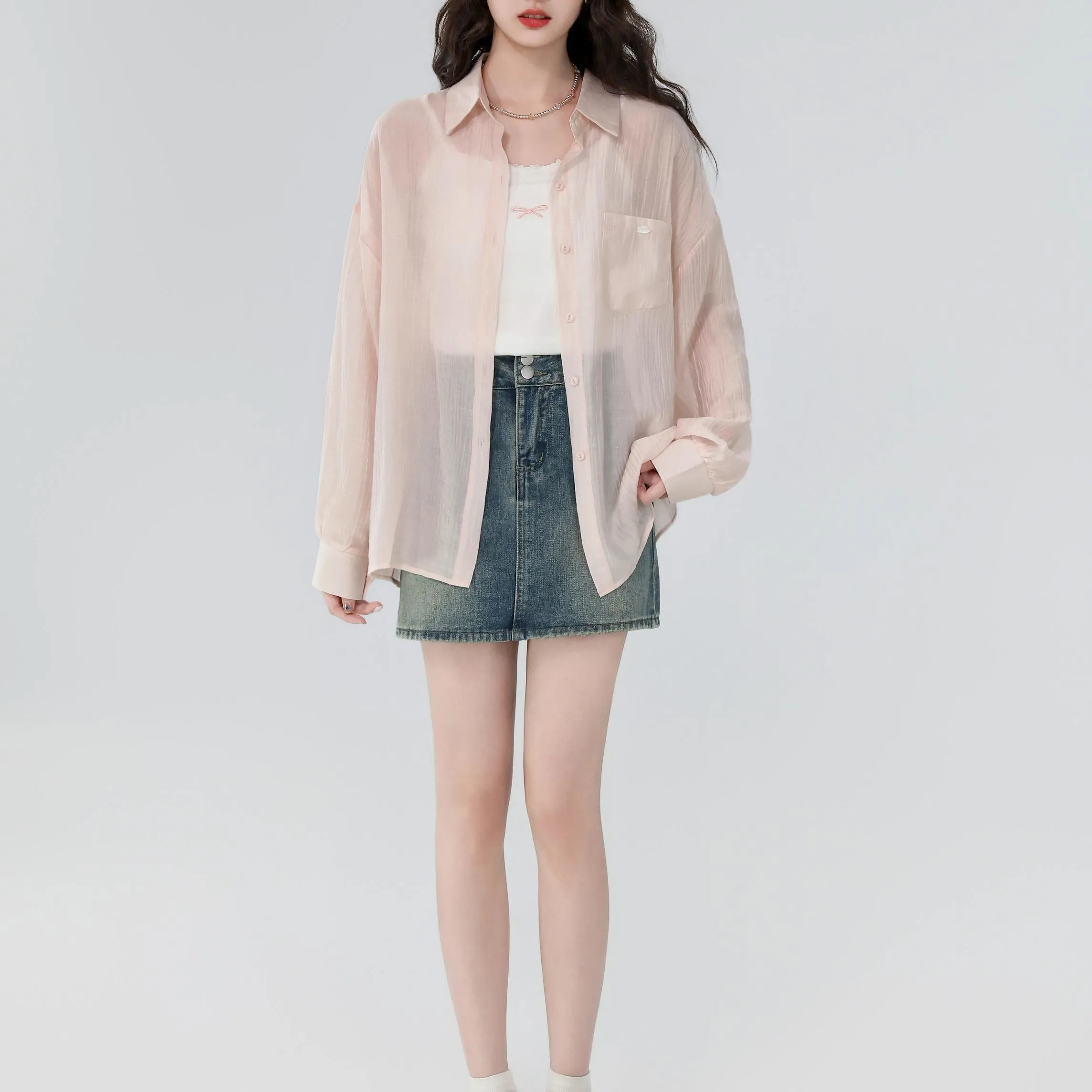 Women's Stylish Long Sleeve Boyfriend Shirt with Patch Pocket and Embroidery