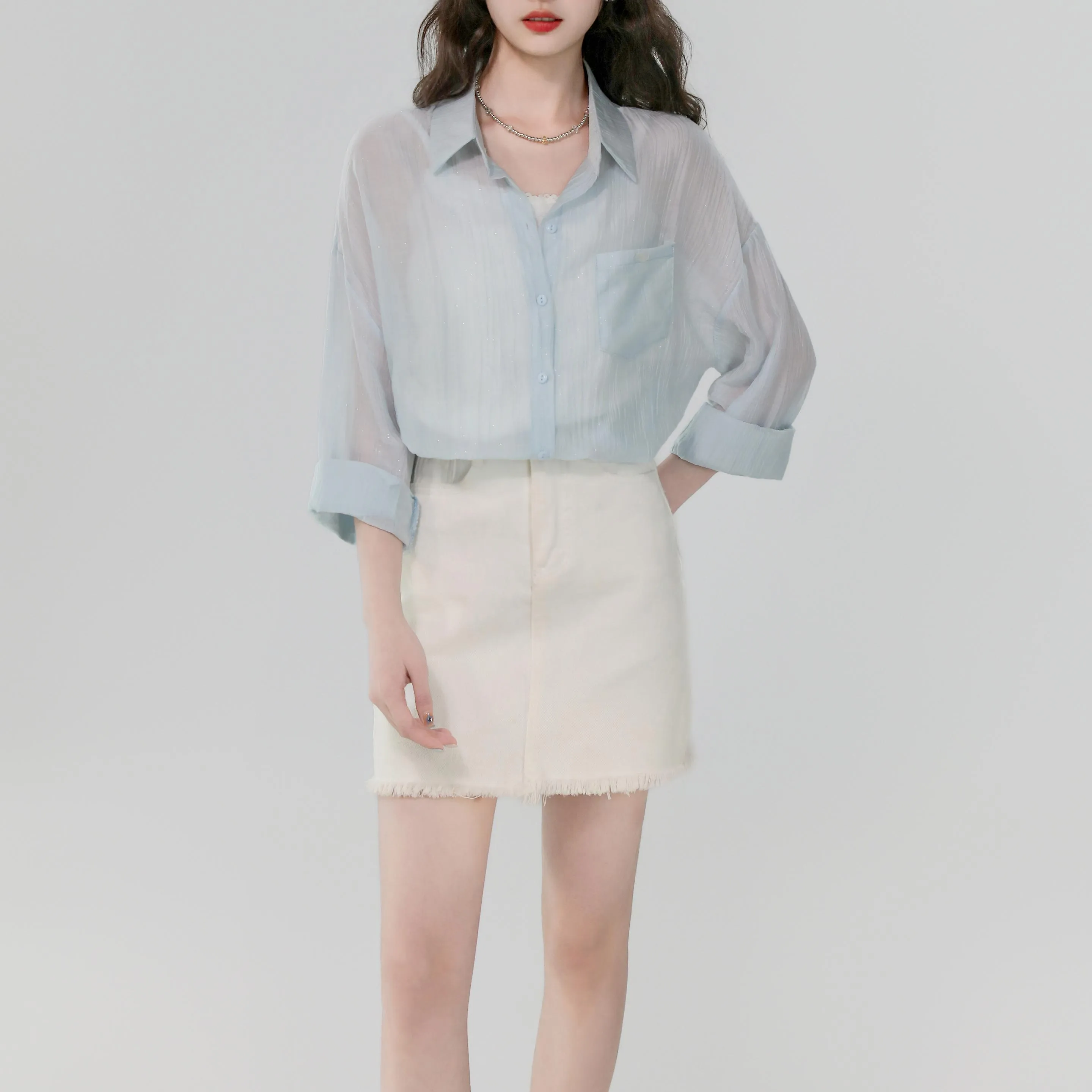 Women's Stylish Long Sleeve Boyfriend Shirt with Patch Pocket and Embroidery